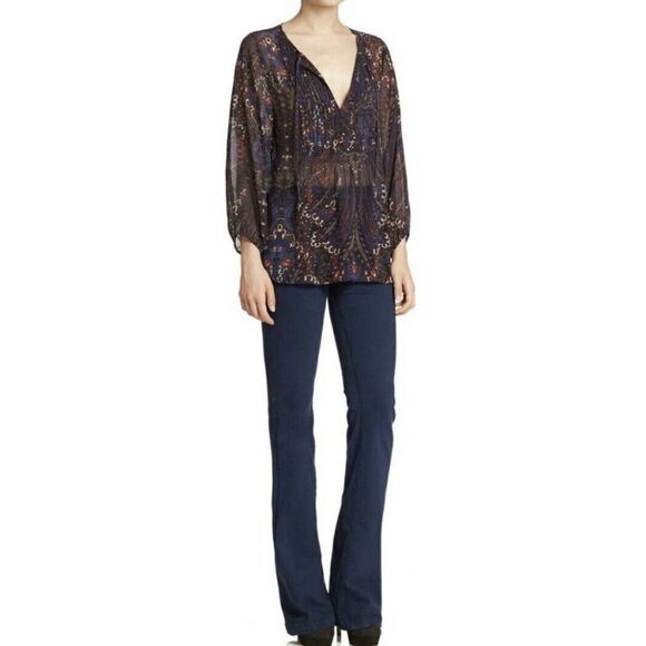 Joie Vendrea 100% Silk Blue Paisley Pleated Tie V Neck Peasant Blouse Boho Small - Picture 7 of 12